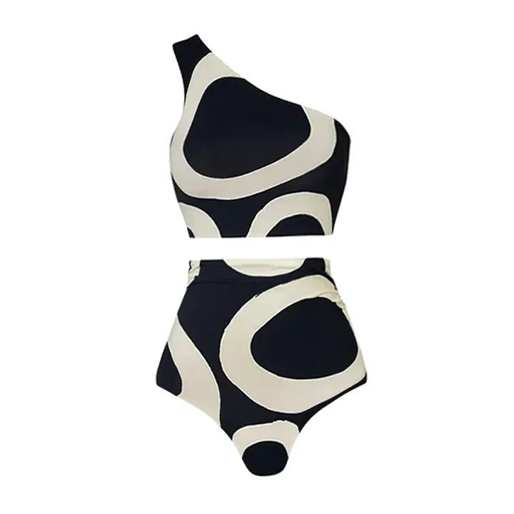 Colorblock One-Shoulder Bikini For Women, High Waist, Miami Beach, BYMANYC New York.-5