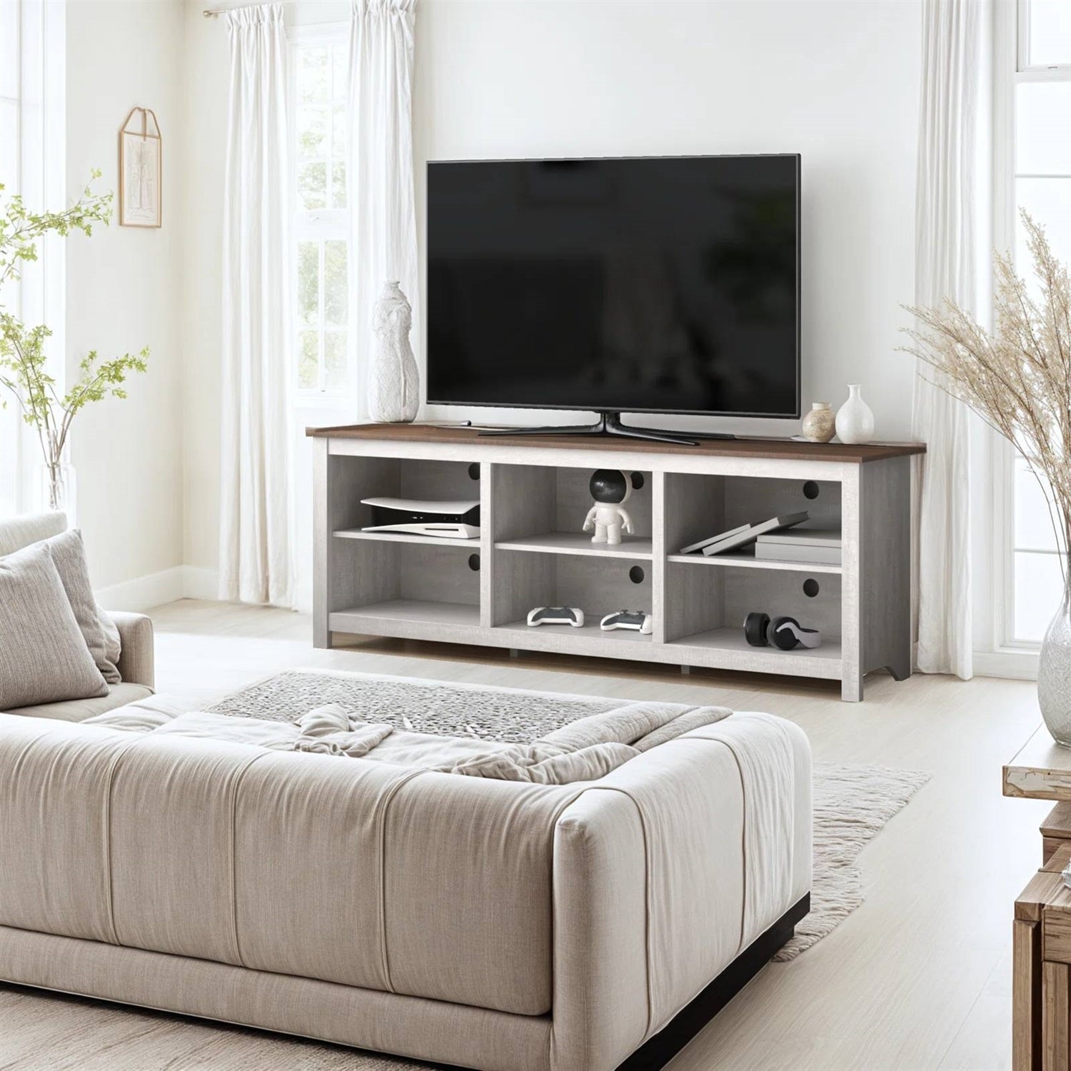 Farmhouse TV Stand in Grey Oak with Brown Wood Finish Top for TVs up to 70-inch-1