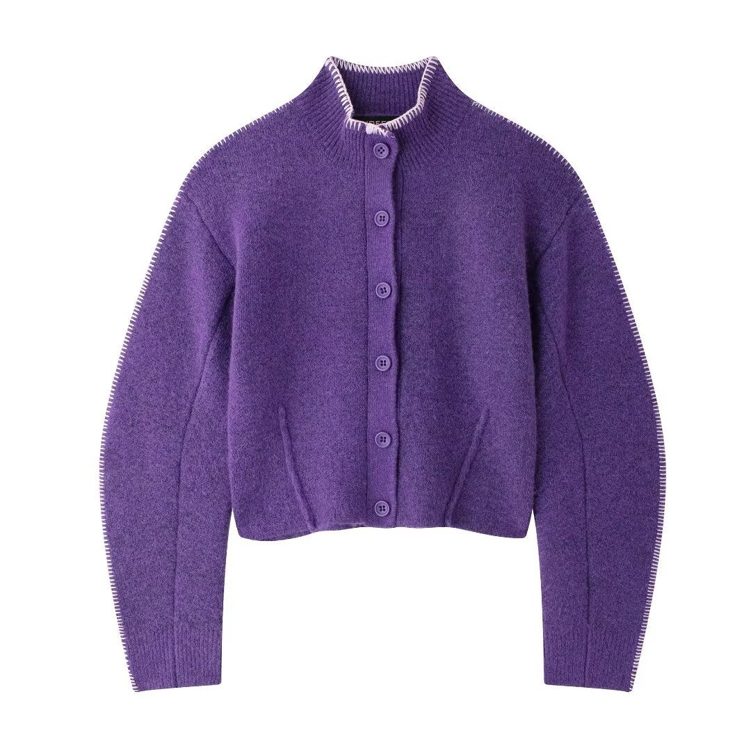Purple High Collar Knitted Jacket For Women, Chelsea, BYMANYC New York.-0