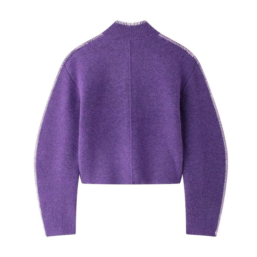 Purple High Collar Knitted Jacket For Women, Chelsea, BYMANYC New York.-1
