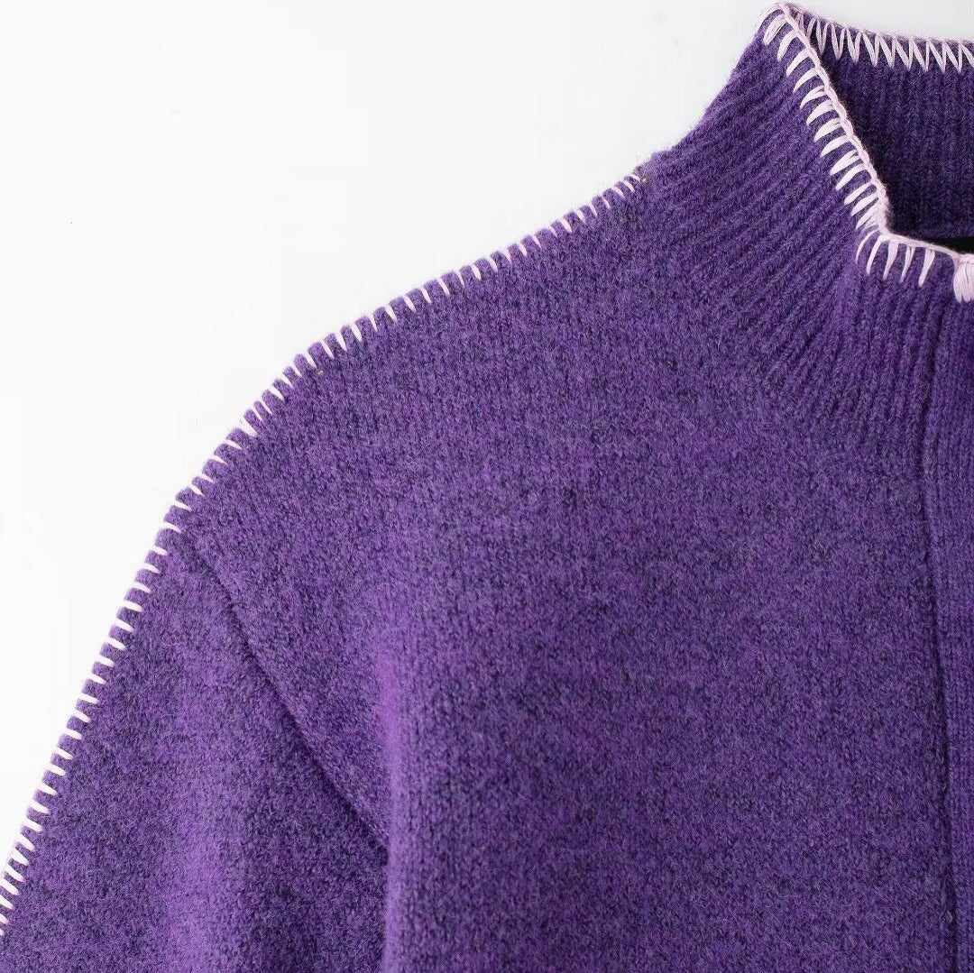 Purple High Collar Knitted Jacket For Women, Chelsea, BYMANYC New York.-2