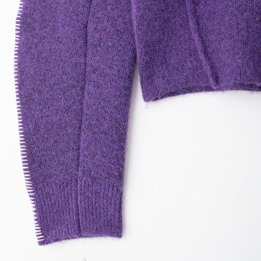 Purple High Collar Knitted Jacket For Women, Chelsea, BYMANYC New York.-3