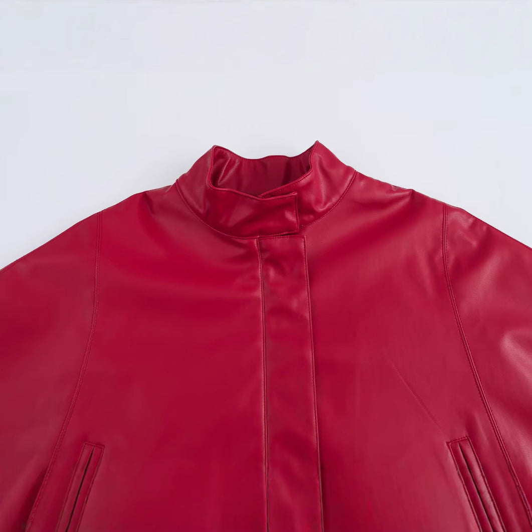 Red Leather-Style Short Cape Jacket For Women, Greenwich Village, BYMANYC New York.-1