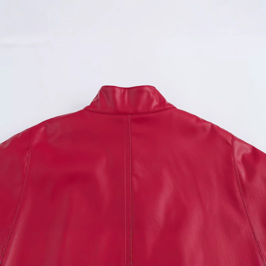 Red Leather-Style Short Cape Jacket For Women, Greenwich Village, BYMANYC New York.-3