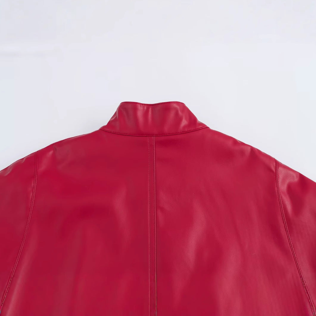 Red Leather-Style Short Cape Jacket For Women, Greenwich Village, BYMANYC New York.-3