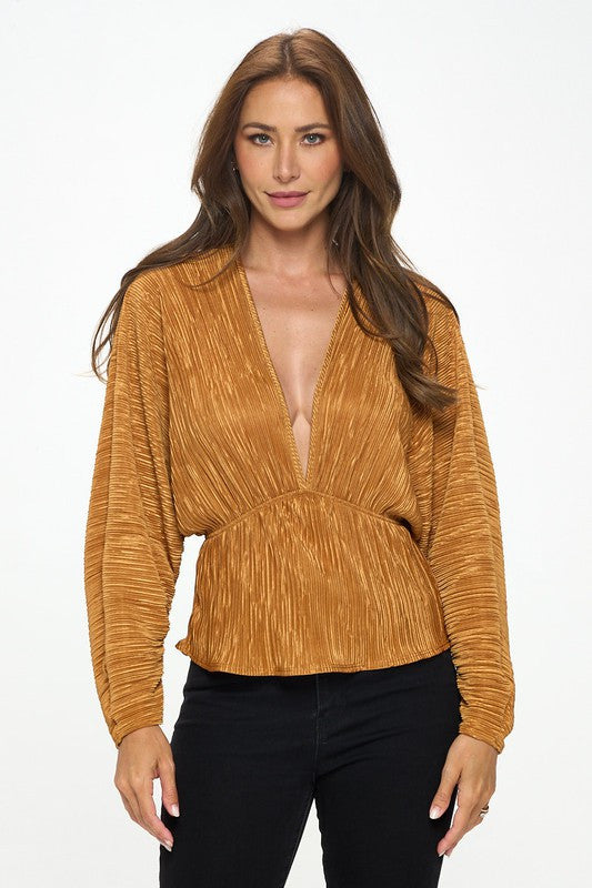 Plisse V neck Top with Balloon Dolman Sleeve-1