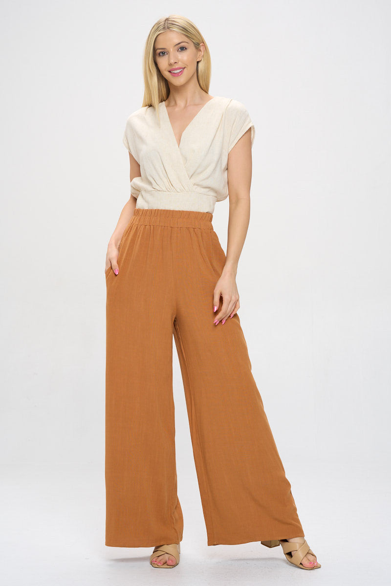 Solid Linen Wide Leg Pants with Pockets-4