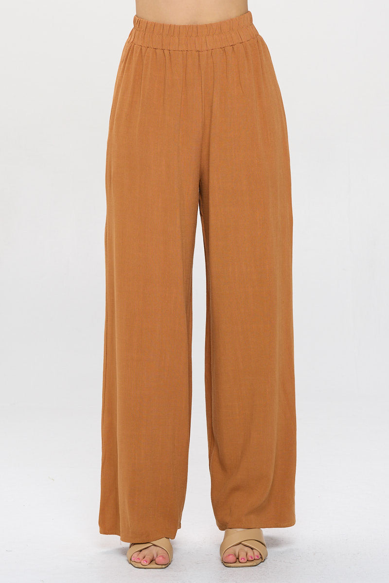 Solid Linen Wide Leg Pants with Pockets-0