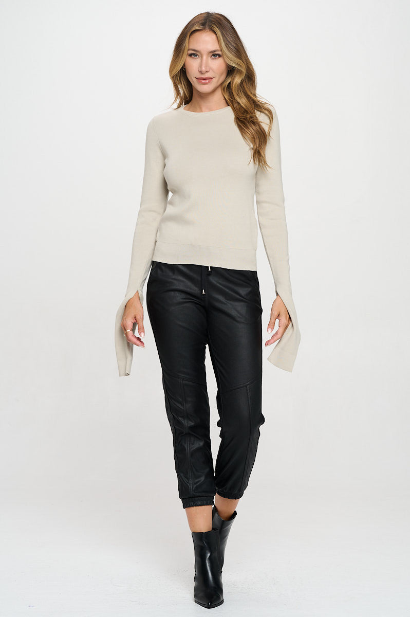 Rib Knit Round neck Sweater with Open Long Sleeve-4