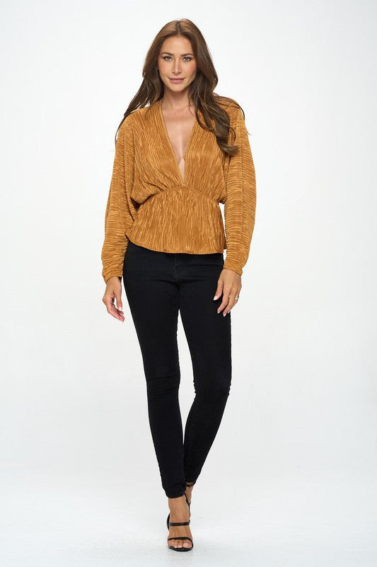 Plisse V neck Top with Balloon Dolman Sleeve-4