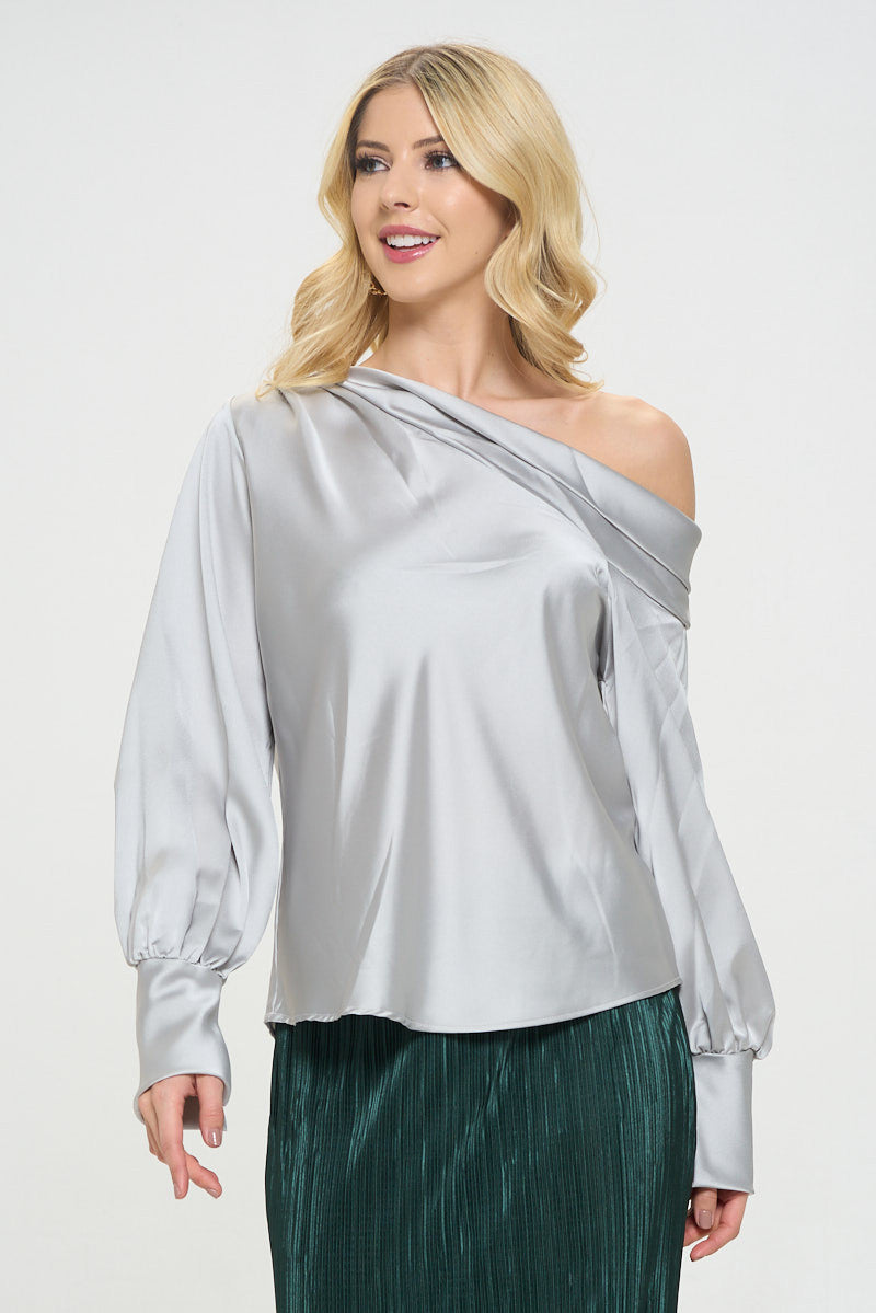 Dropped Shoulder Long Sleeve Satin Top-1