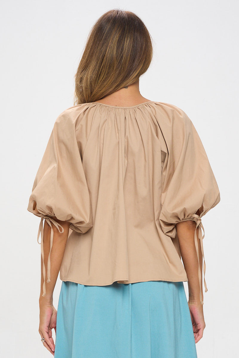 Cotton V neck Half Puff Sleeve with Tie-3