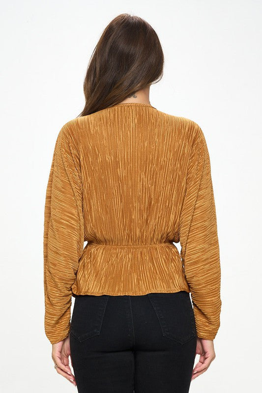 Plisse V neck Top with Balloon Dolman Sleeve-3