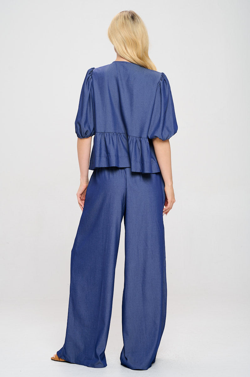 Denim Tencel Puff Sleeve Top with Front Bow Detail-4