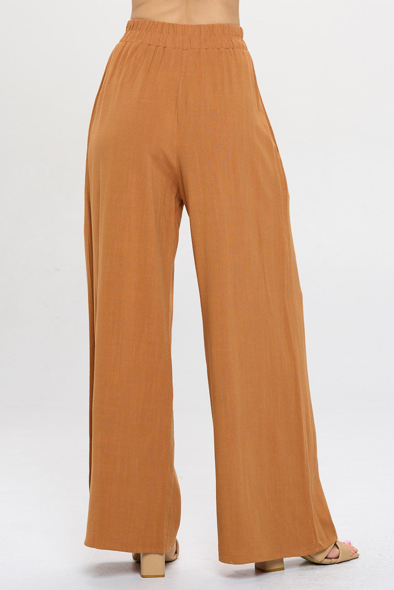 Solid Linen Wide Leg Pants with Pockets-3
