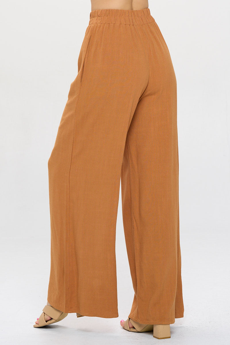 Solid Linen Wide Leg Pants with Pockets-2